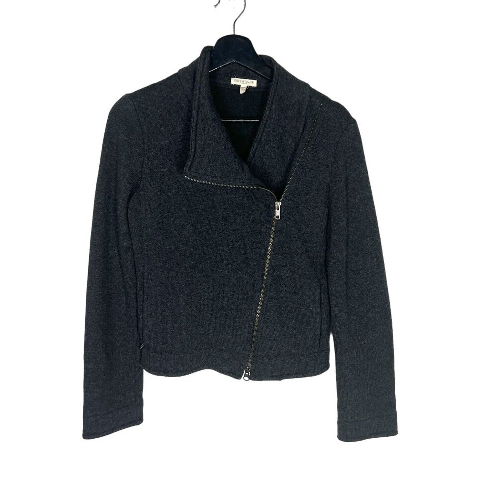 Eileen Fisher Grey Asymmetrical Zip Up Wool Blend Jacket Small Petite